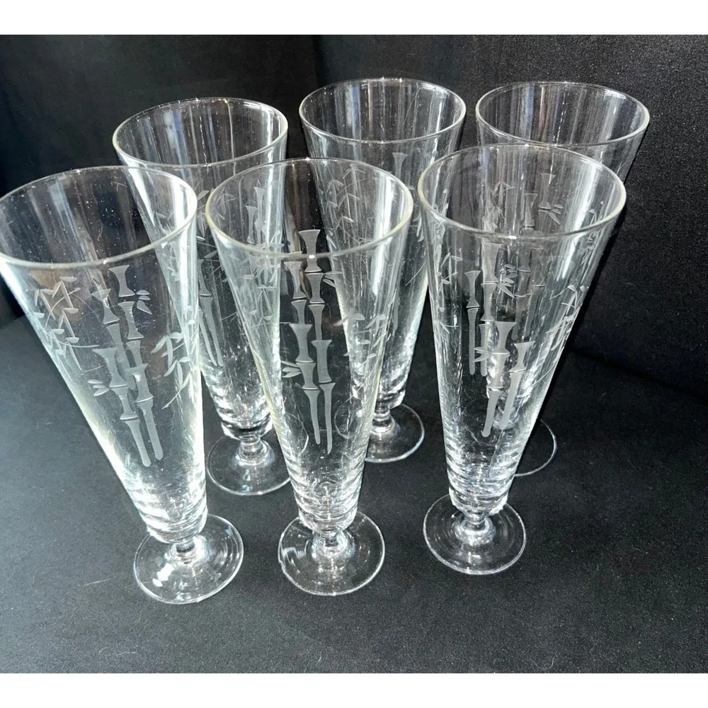 Set of 6 Vintage Bamboo Etched Footed‎ Glasses Champagne Flutes Tall Pilsner MCM